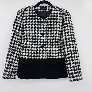 Talbots Womens Jacket Size 14P Black White Houndstooth Tweed Wool Blend Blazer